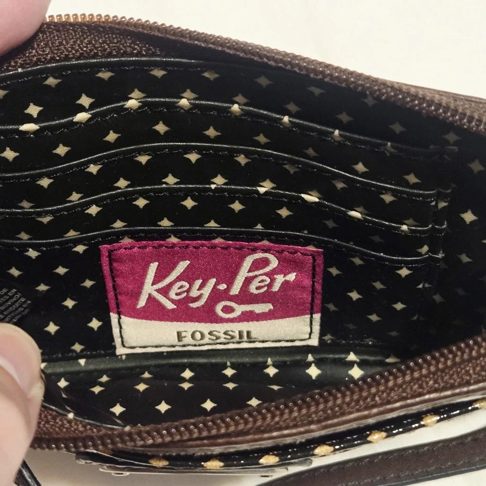 Fossil Key-Per Coated Canvas Wristlet Wallet Multicolor Geometric Floral L-Zip